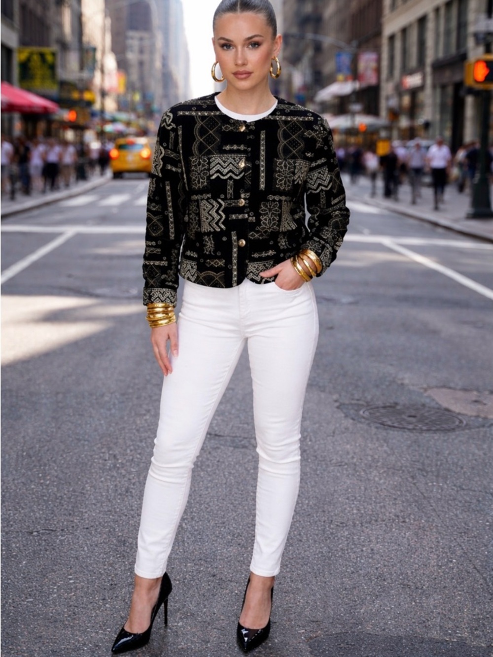 Bobbie Brooks Black and Gold Patterned Cropped Jacket